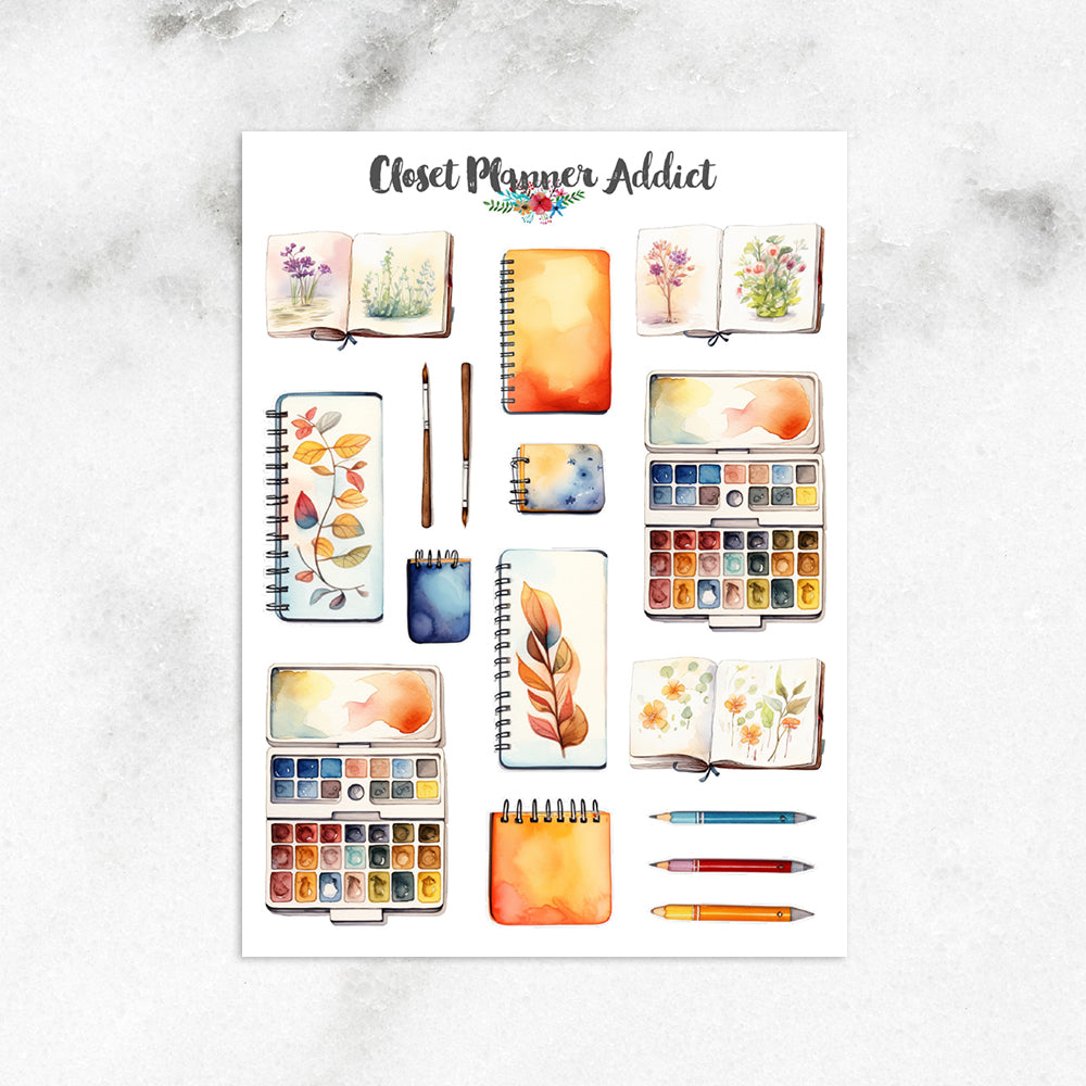 Watercolour Art Supplies Planner Stickers by Closet Planner Addict (S-683)