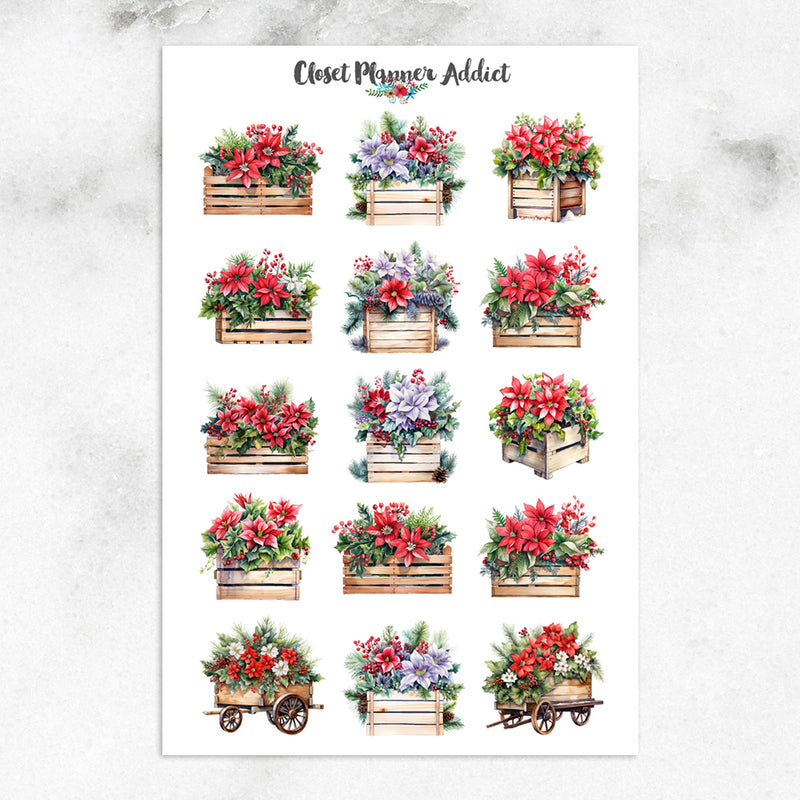 Watercolour Christmas Flowers in Wooden Crates Planner Stickers by Closet Planner Addict (S-693)