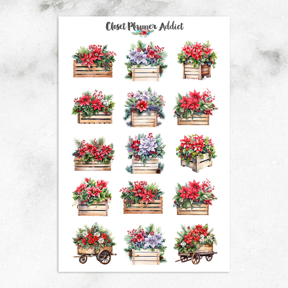 Watercolour Christmas Flowers in Wooden Crates Planner Stickers by Closet Planner Addict (S-693)