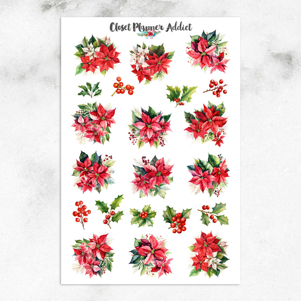 Watercolour Christmas Poinsettias Planner Stickers by Closet Planner Addict (S-694)