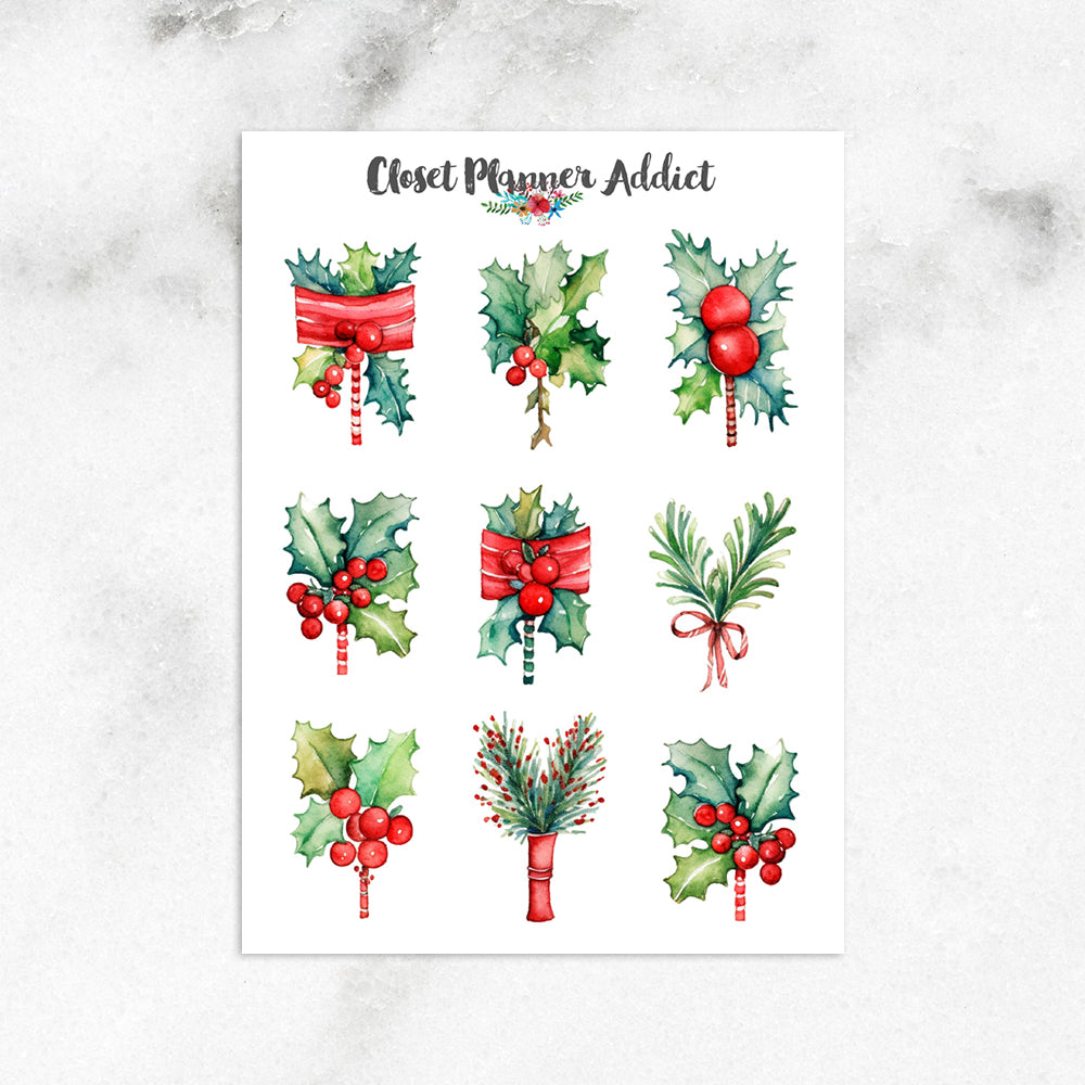 Watercolour Christmas Holly and Berries Planner Stickers by Closet Planner Addict (S-696)