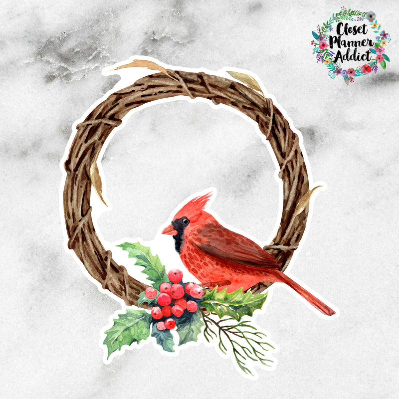 Christmas Finch and Holly Wreath Die Cut Stickers (DC-013)