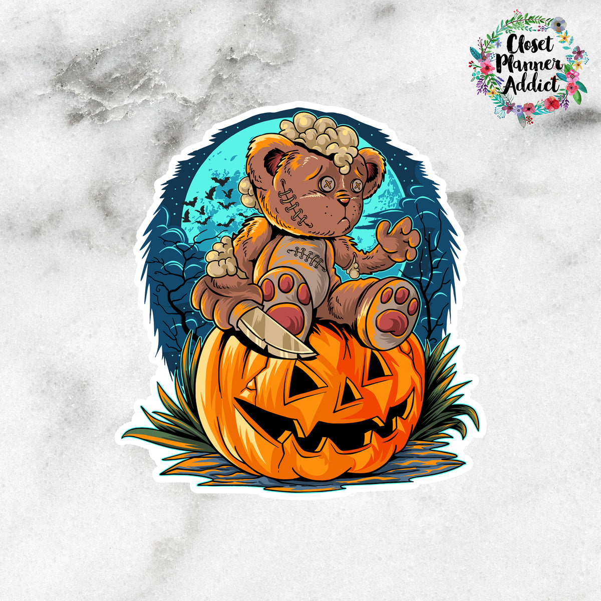 Halloween Teddy Bear and Pumpkin Die Cut Sticker (DC-024)