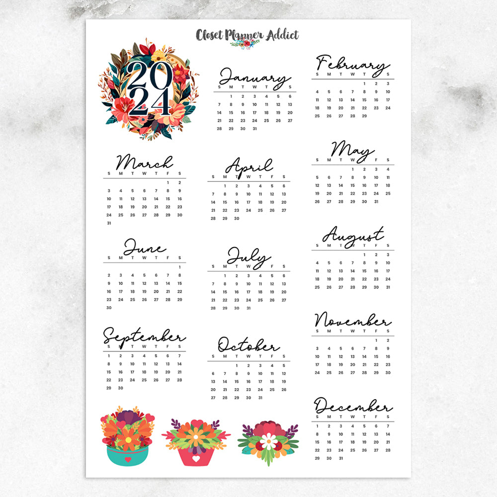 2024 Calendar Planner Stickers by Closet Planner Addict | Colourful Florals (FP-041)