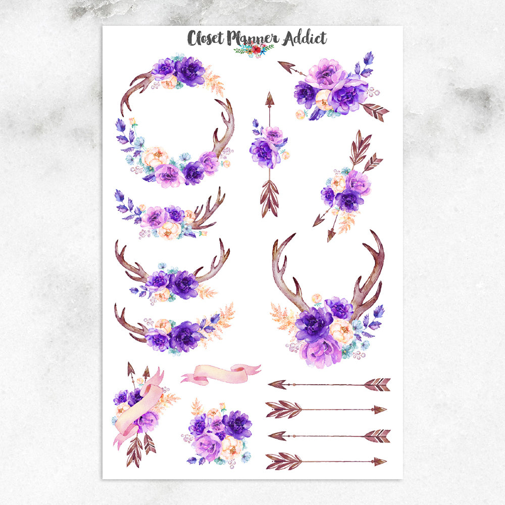 Watercolour Purple Flowers Planner Stickers (S-146)