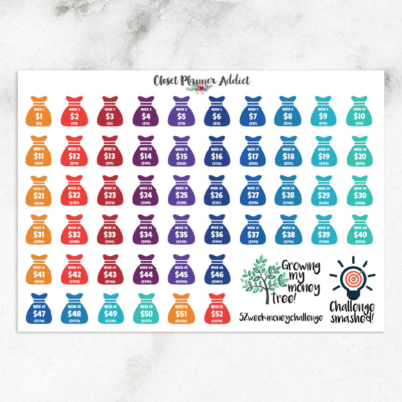 52 Week Money Challenge Planner Stickers | Reverse Money Challenge Version (S-196)
