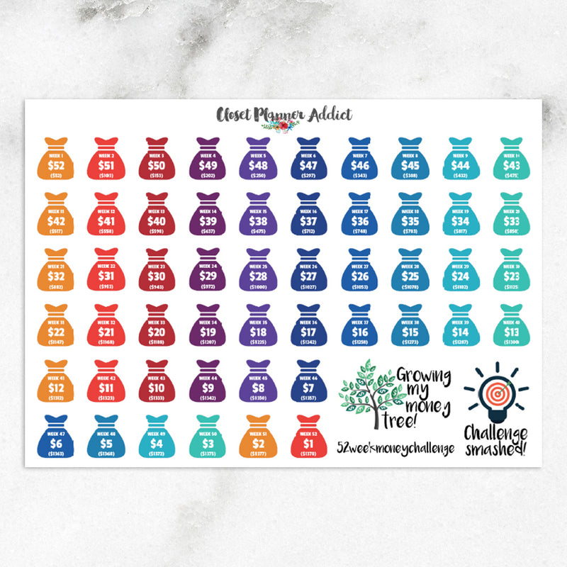 52 Week Money Challenge Planner Stickers | Reverse Money Challenge Version (S-196)