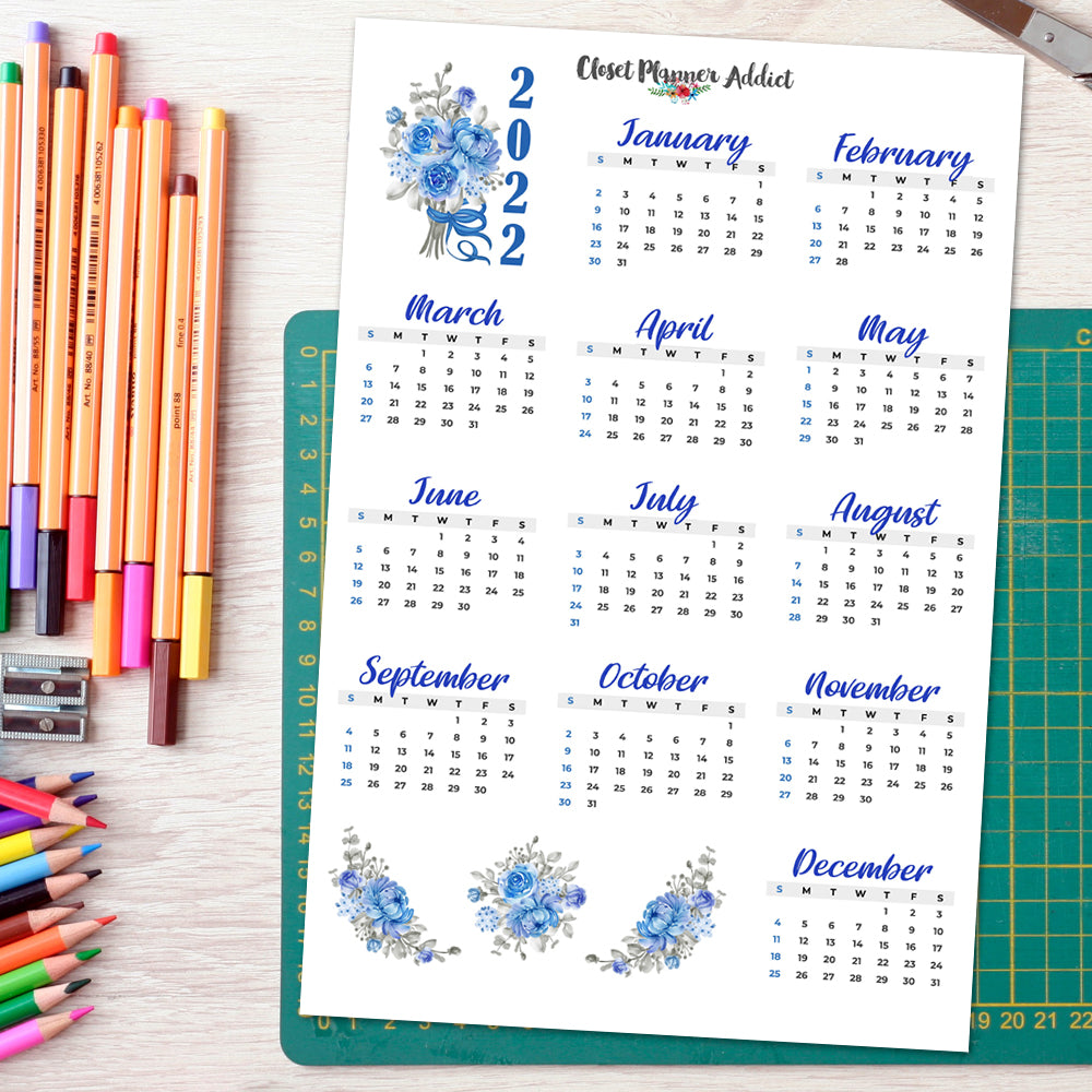 2022 Calendar Planner Stickers by Closet Planner Addict | Blue Roses (FP-036)