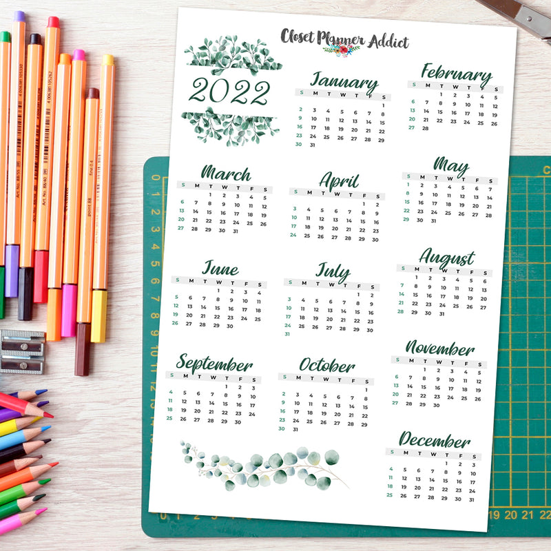2022 Calendar Planner Stickers by Closet Planner Addict | Eucalyptus (FP-033)