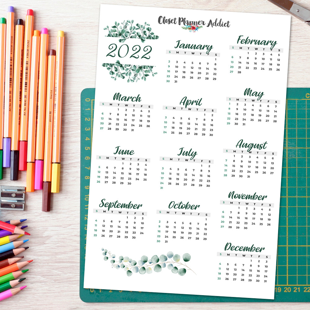 2022 Calendar Planner Stickers by Closet Planner Addict | Eucalyptus (FP-033)