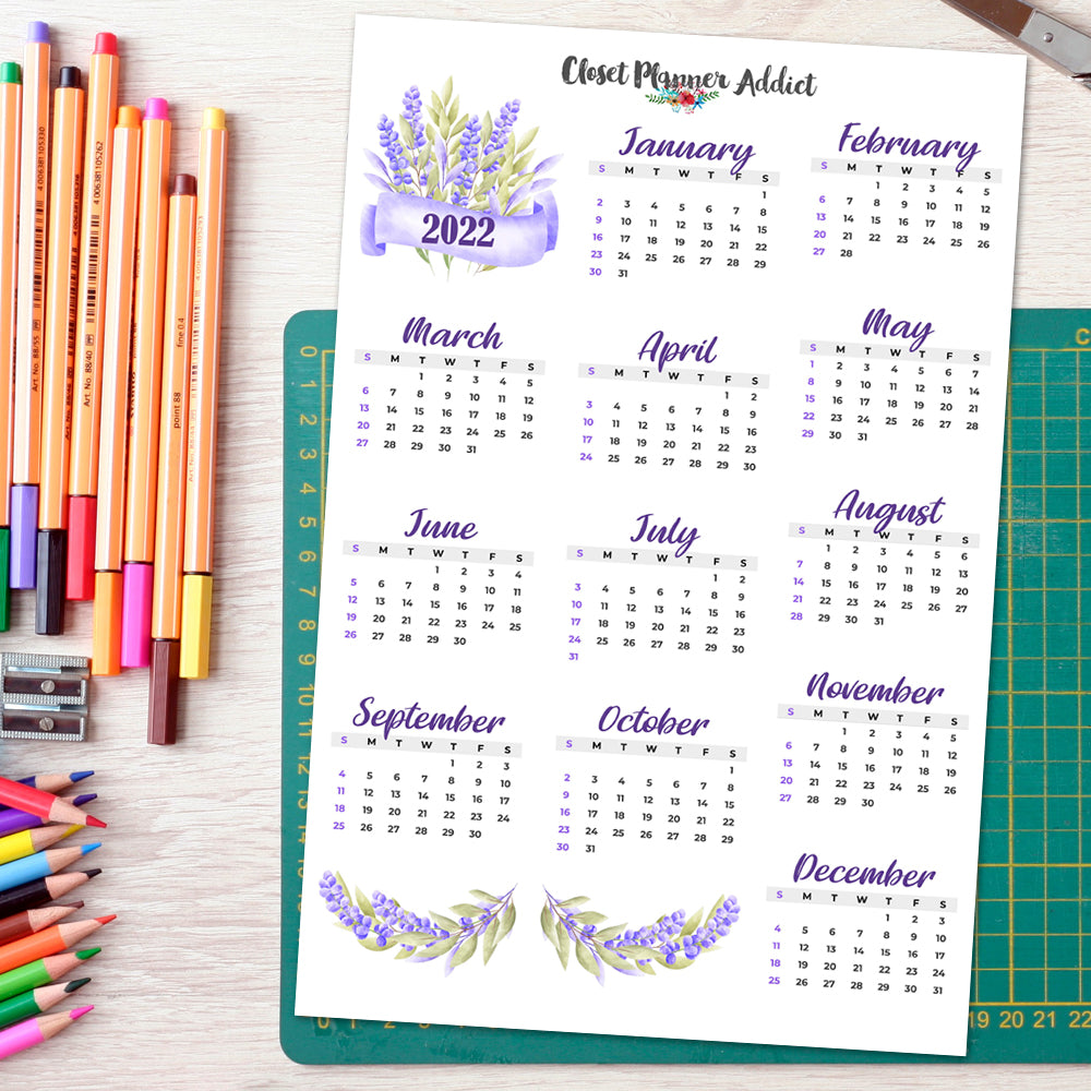 2022 Calendar Planner Stickers by Closet Planner Addict | Lavender (FP-035)