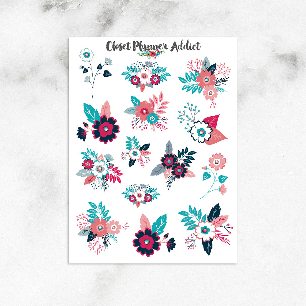 Navy and Pink Floral Planner Stickers (S-209)