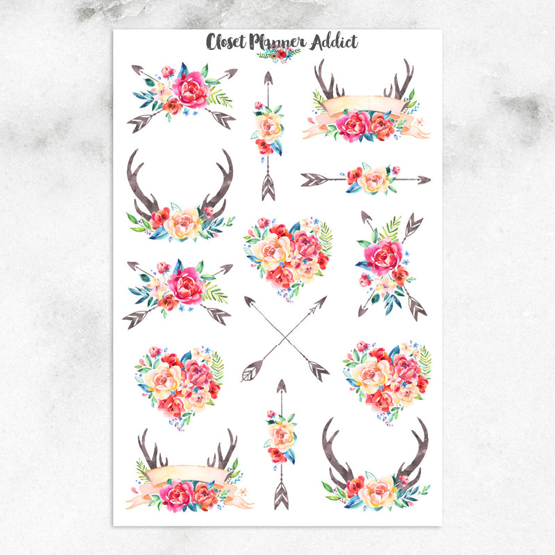 Watercolour Flowers and Antlers Planner Stickers (S-223)