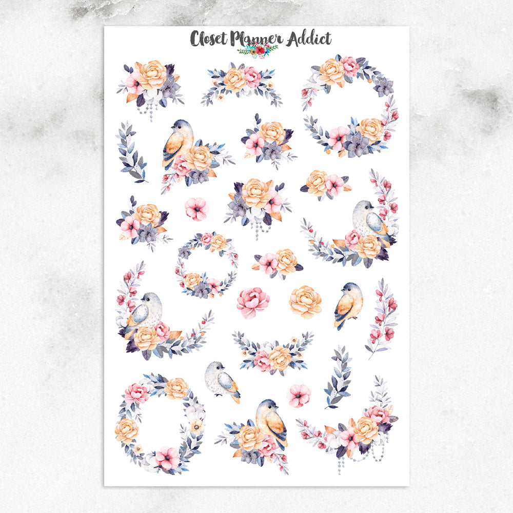 Watercolour Birds And Flowers Planner Stickers (S-246)
