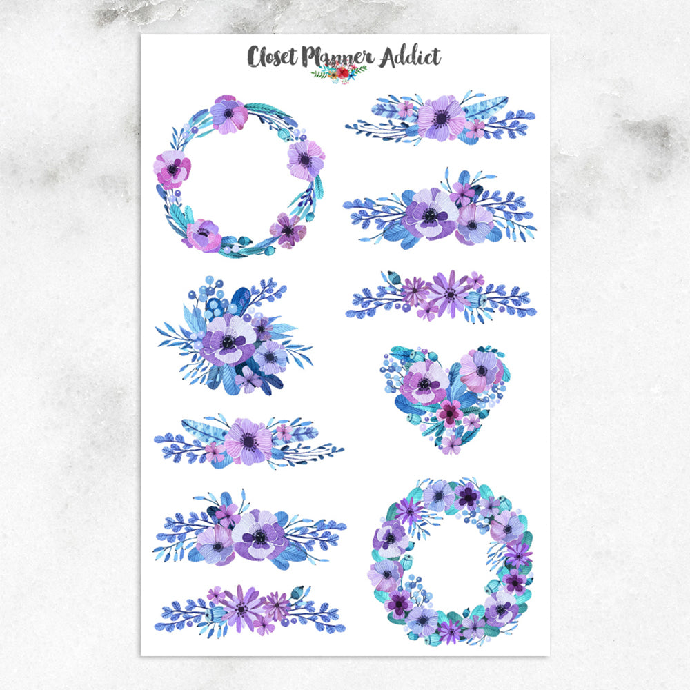 Purple Watercolour Flowers Planner Stickers (S-268)