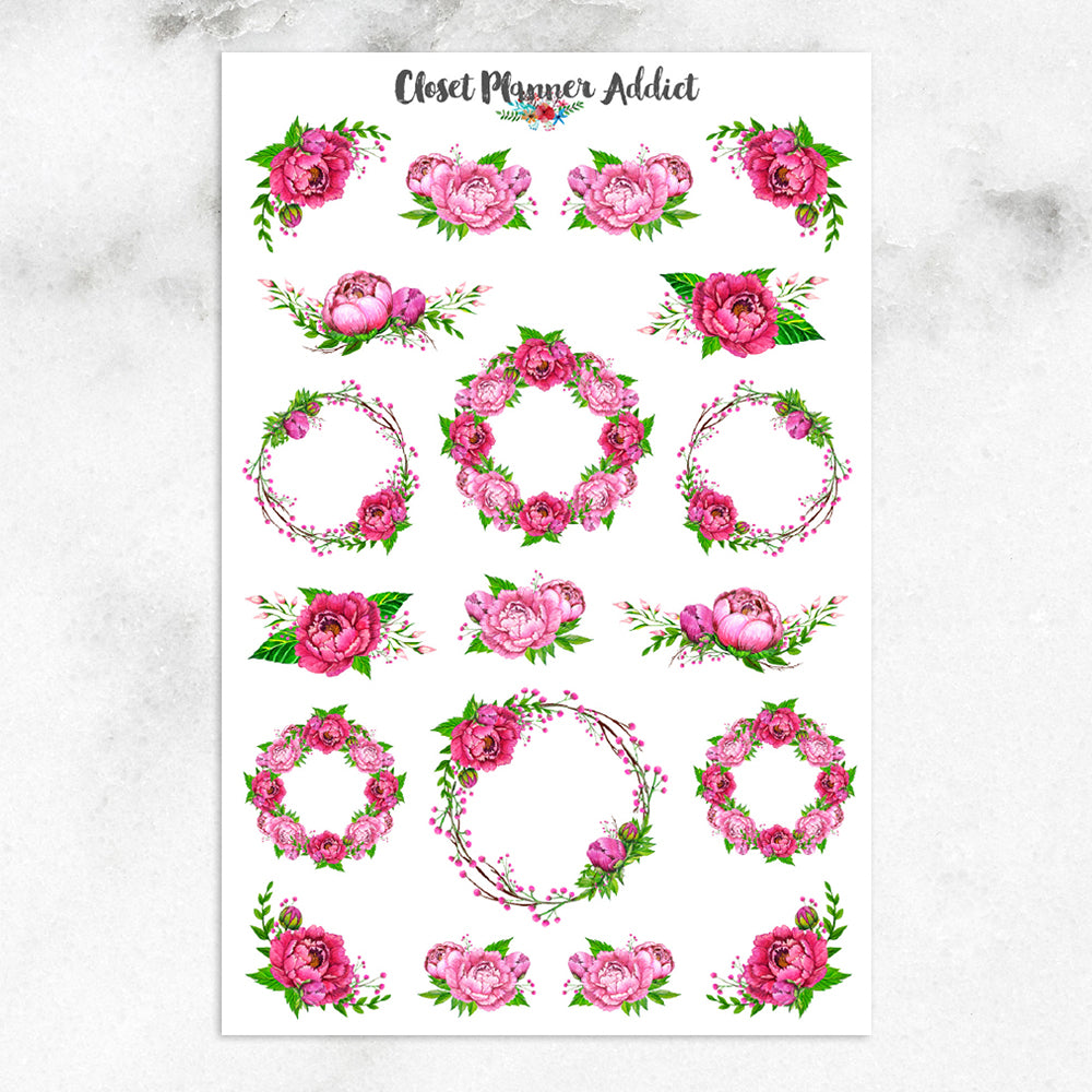 Watercolour Pink Peonies Planner Stickers (S-274)