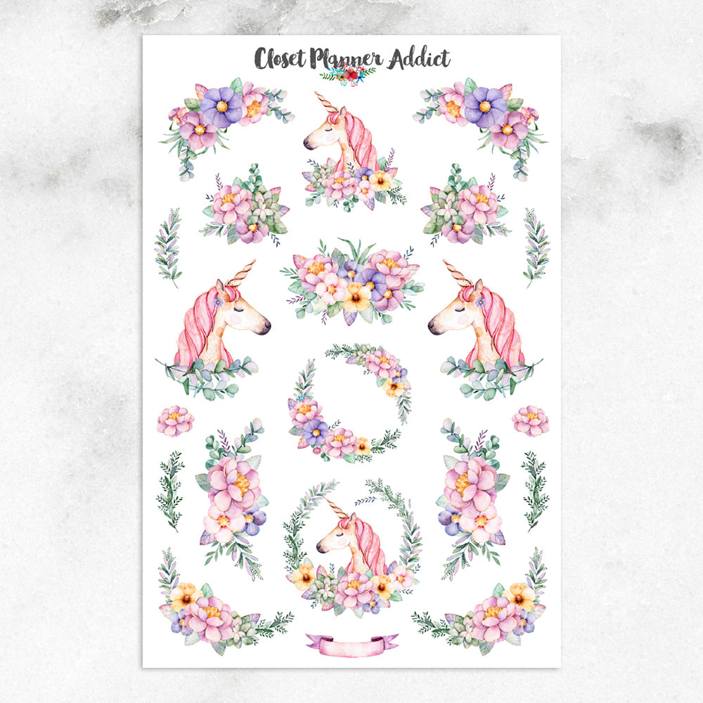 Magic Unicorns Floral Planner Stickers (S-276)