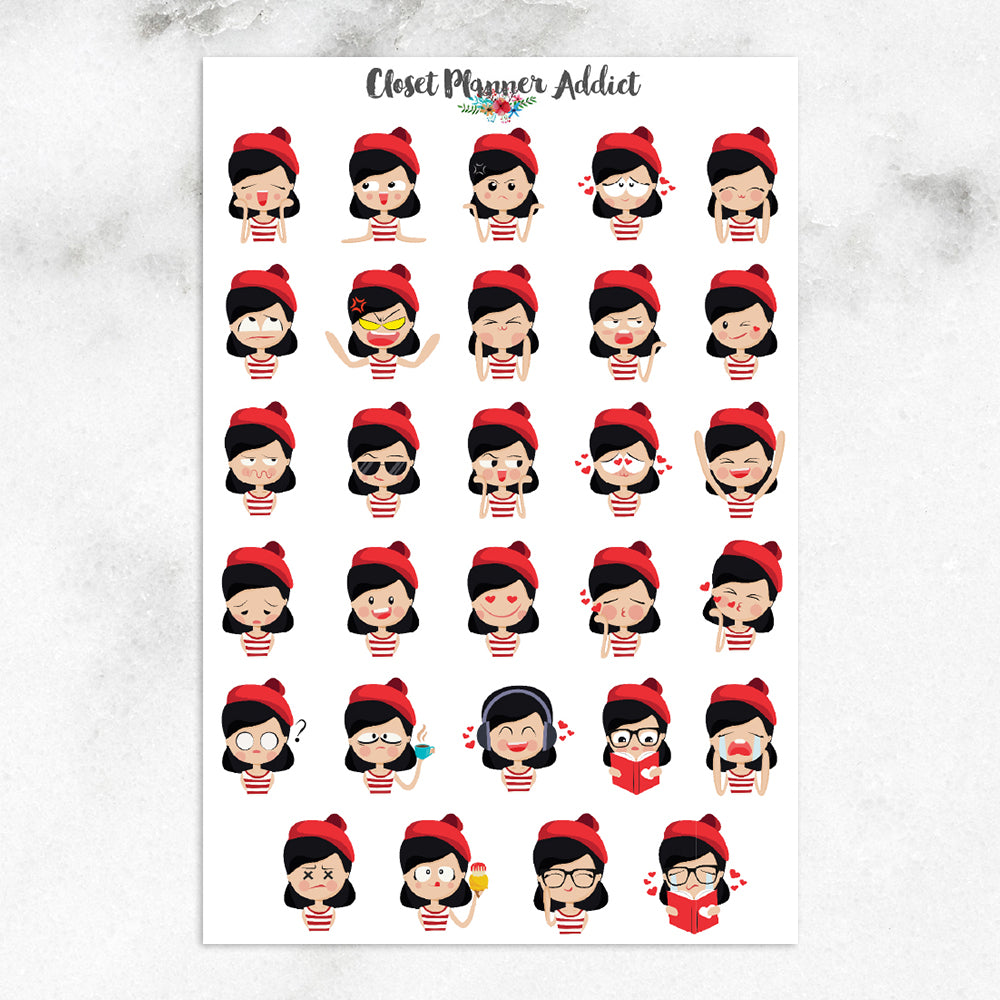 Girls In Red Beret Emoji Planner Stickers (S-296)