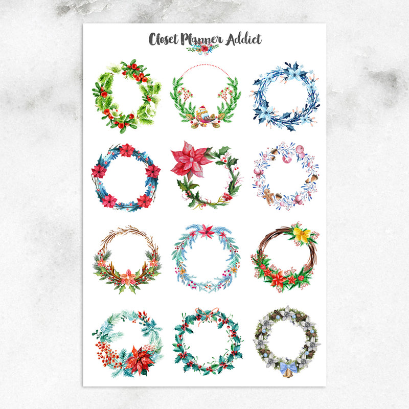 Watercolour Christmas Wreaths Planner Stickers (S-351)