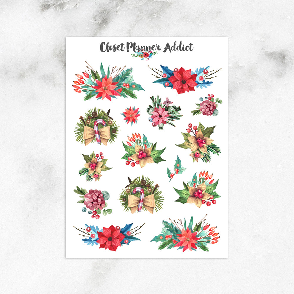 Watercolour Christmas Floral Planner Stickers (S-358)