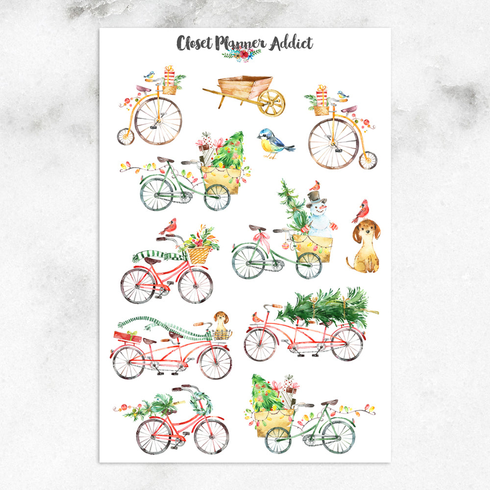 Watercolour Christmas Bicycles Stickers (S-368)