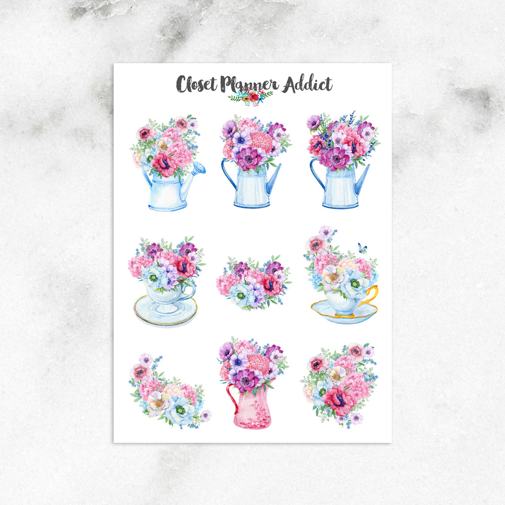 Watercolour Flowers in Watering Cans Planner Stickers (S-372)