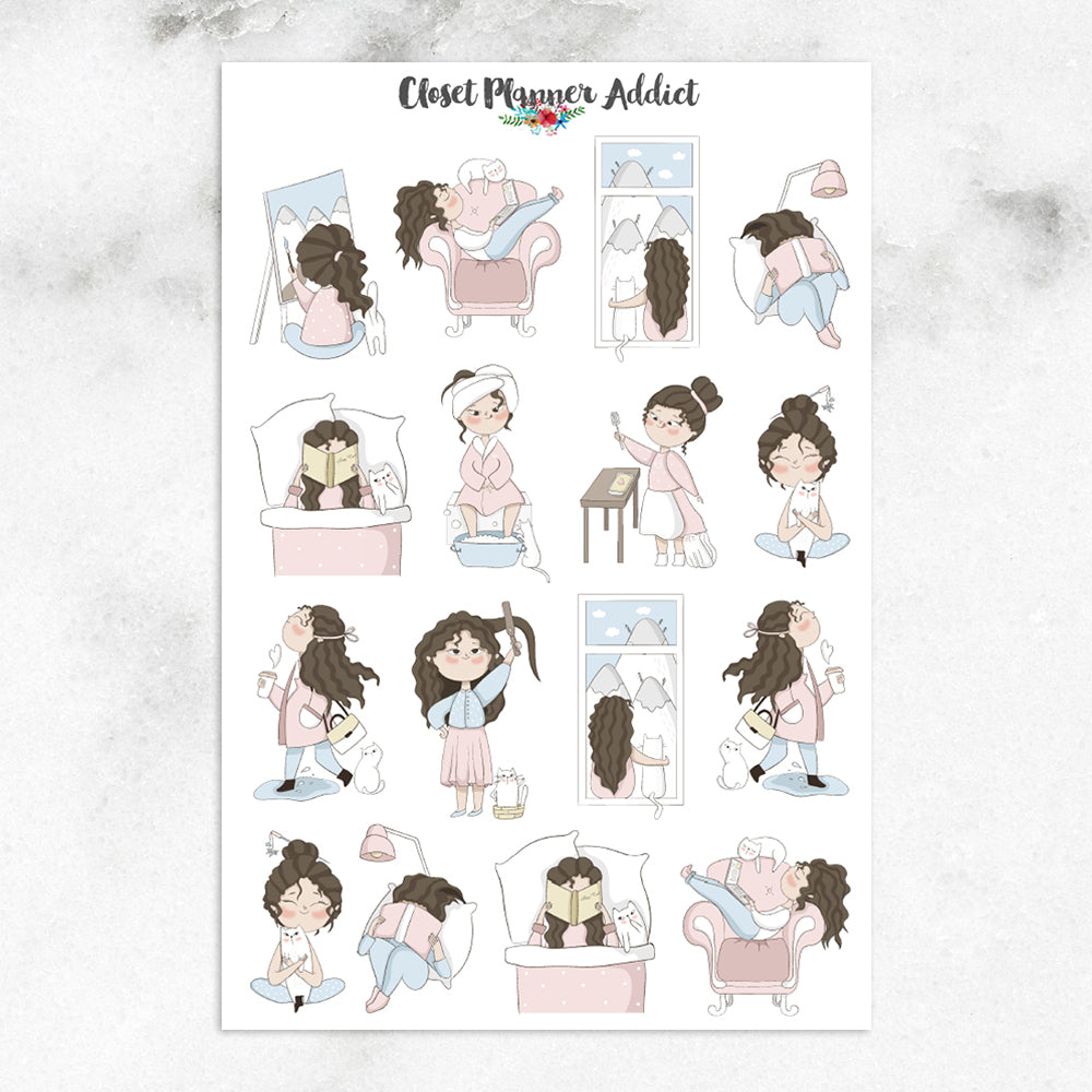 Girl With Cat Sampler 1 Planner Stickers (S-375)