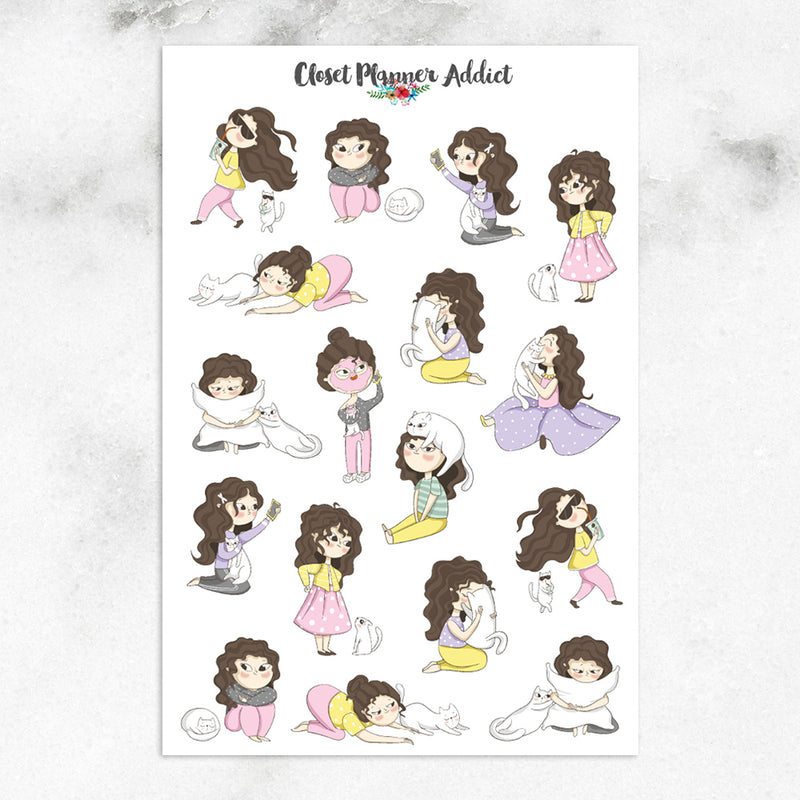 Girl With Cat Sampler 2 Planner Stickers (S-376)