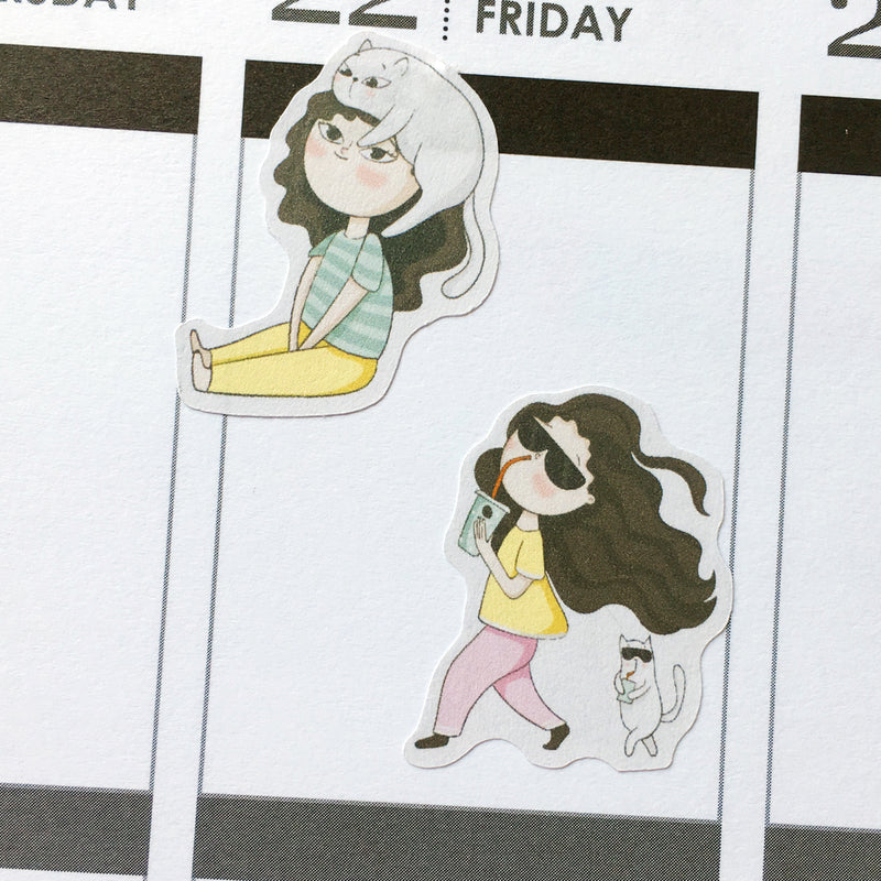 Girl With Cat Sampler 2 Planner Stickers (S-376)