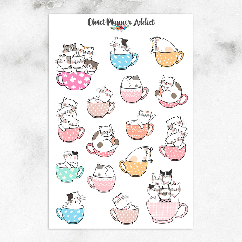 Cute Cat in Teacups Planner Stickers (S-379)
