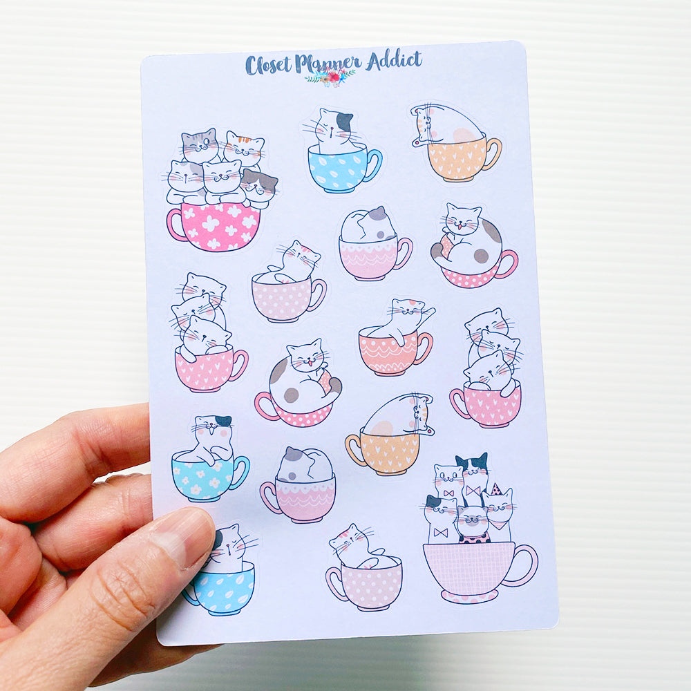 Cute Cat in Teacups Planner Stickers (S-379)
