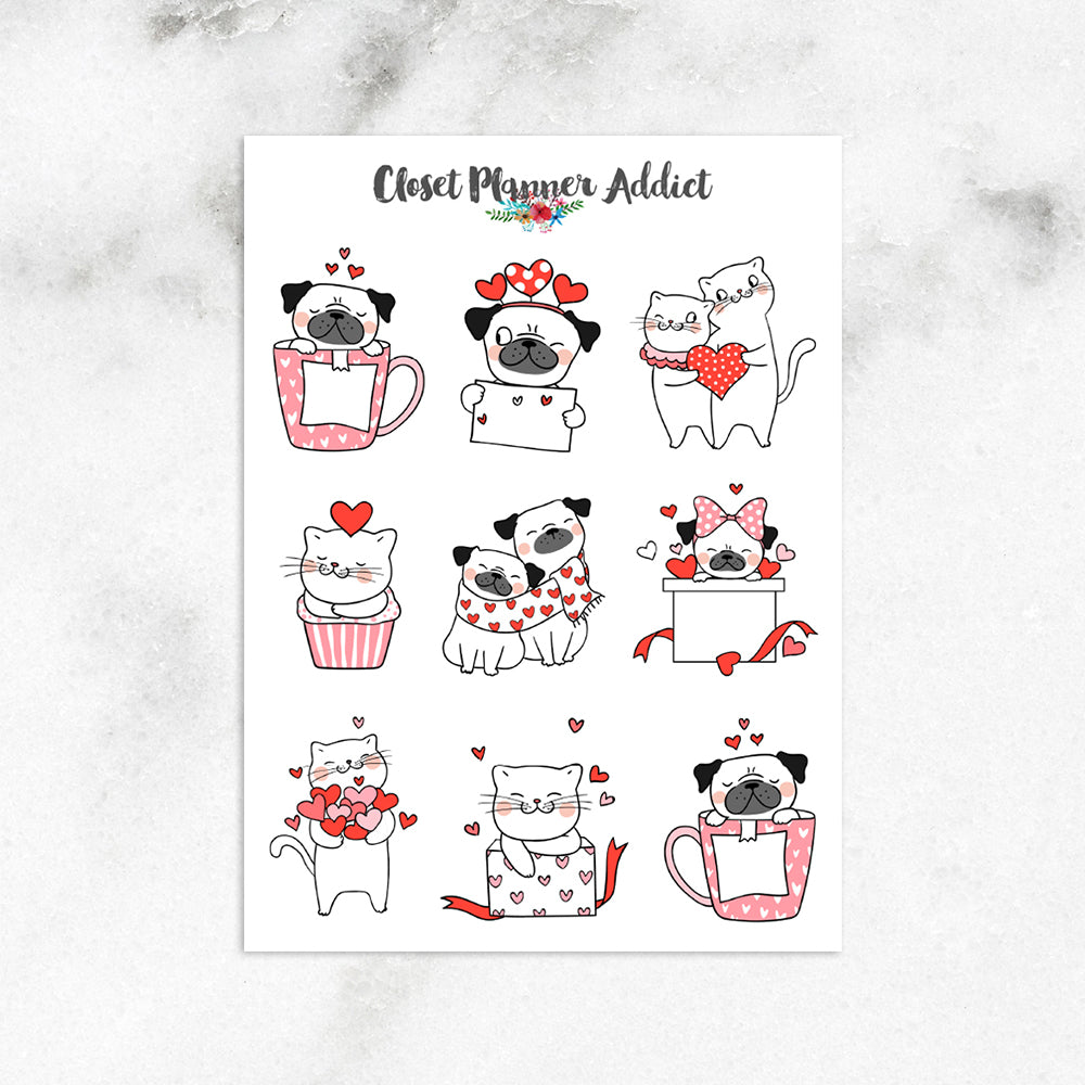 Valentine's Day Dogs and Cats Planner Stickers (S-380)