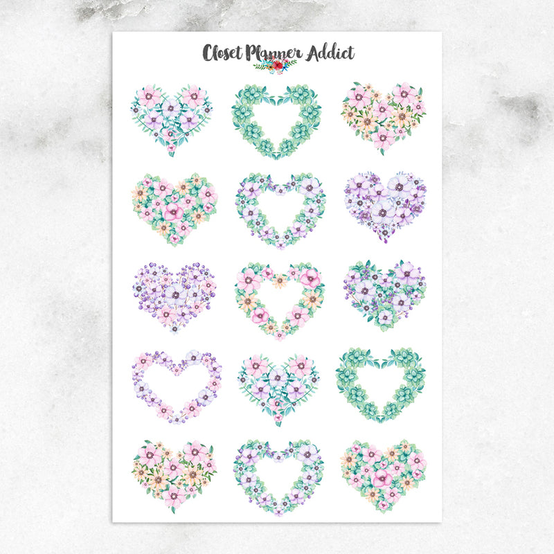 Floral Heart Wreaths Planner Stickers (S-399)