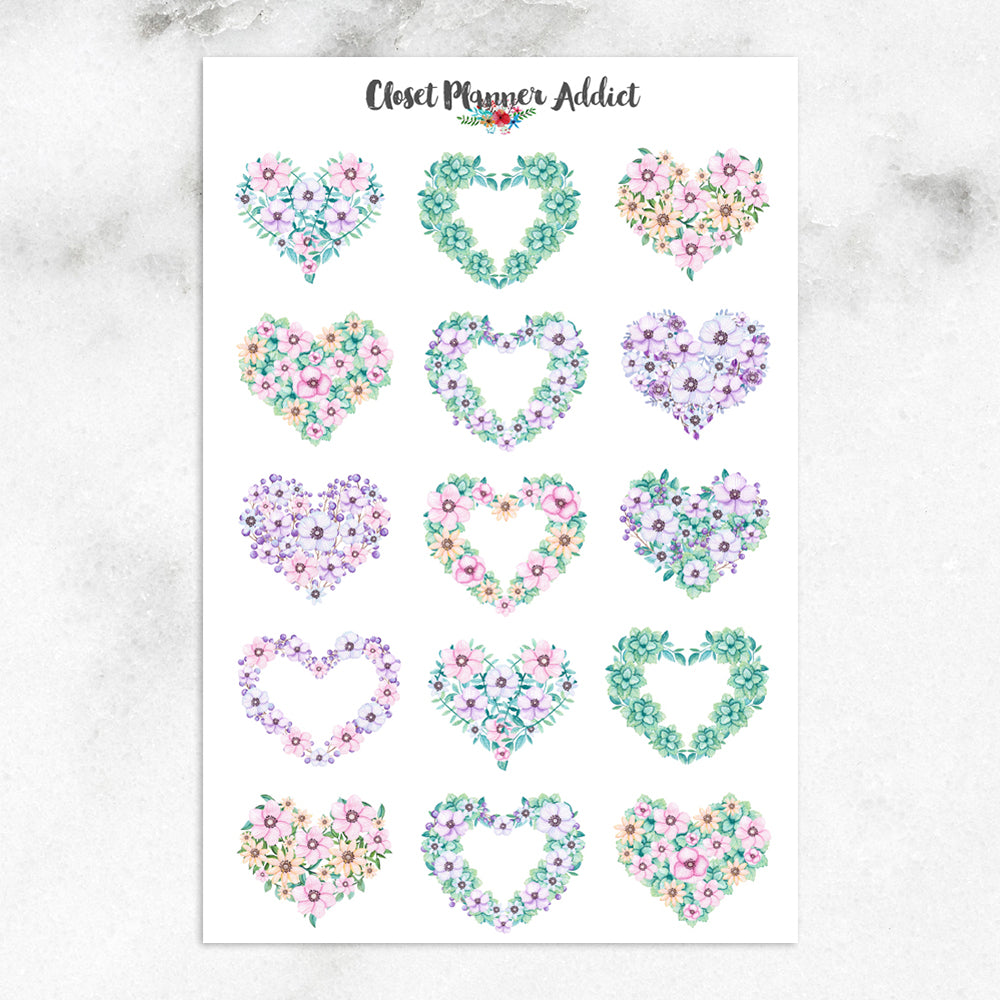 Floral Heart Wreaths Planner Stickers (S-399)