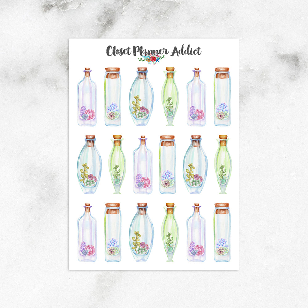 Watercolour Succulents in Terrariums Planner Stickers (S-432)