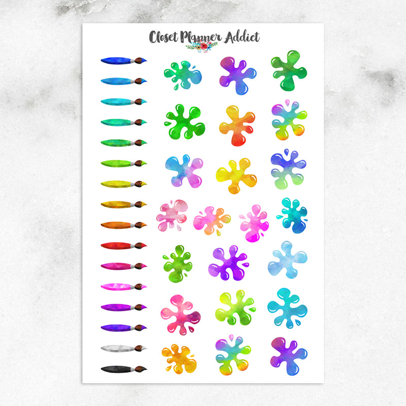 Watercolour Paintbrushes and Paint Splats Planner Stickers (S-502)