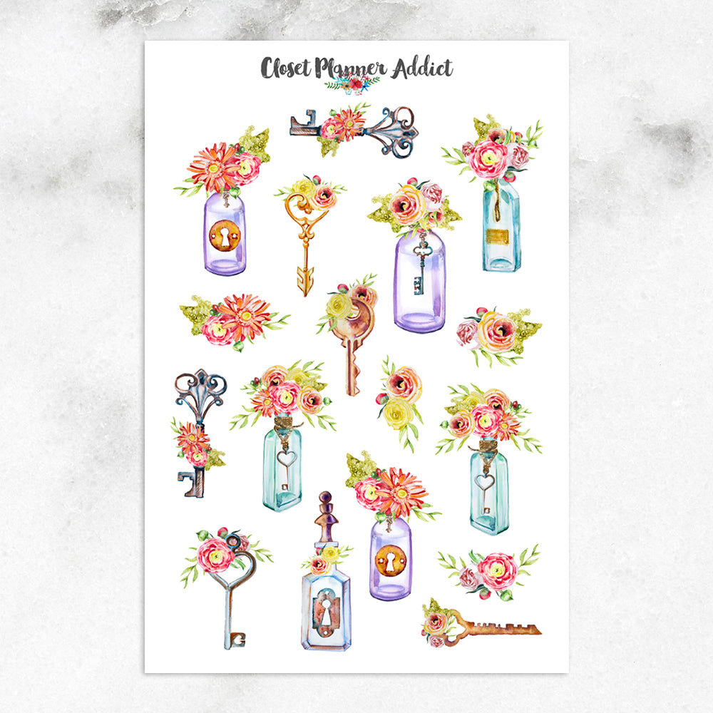 Watercolour Keys and Bottles Planner Stickers (S-517)