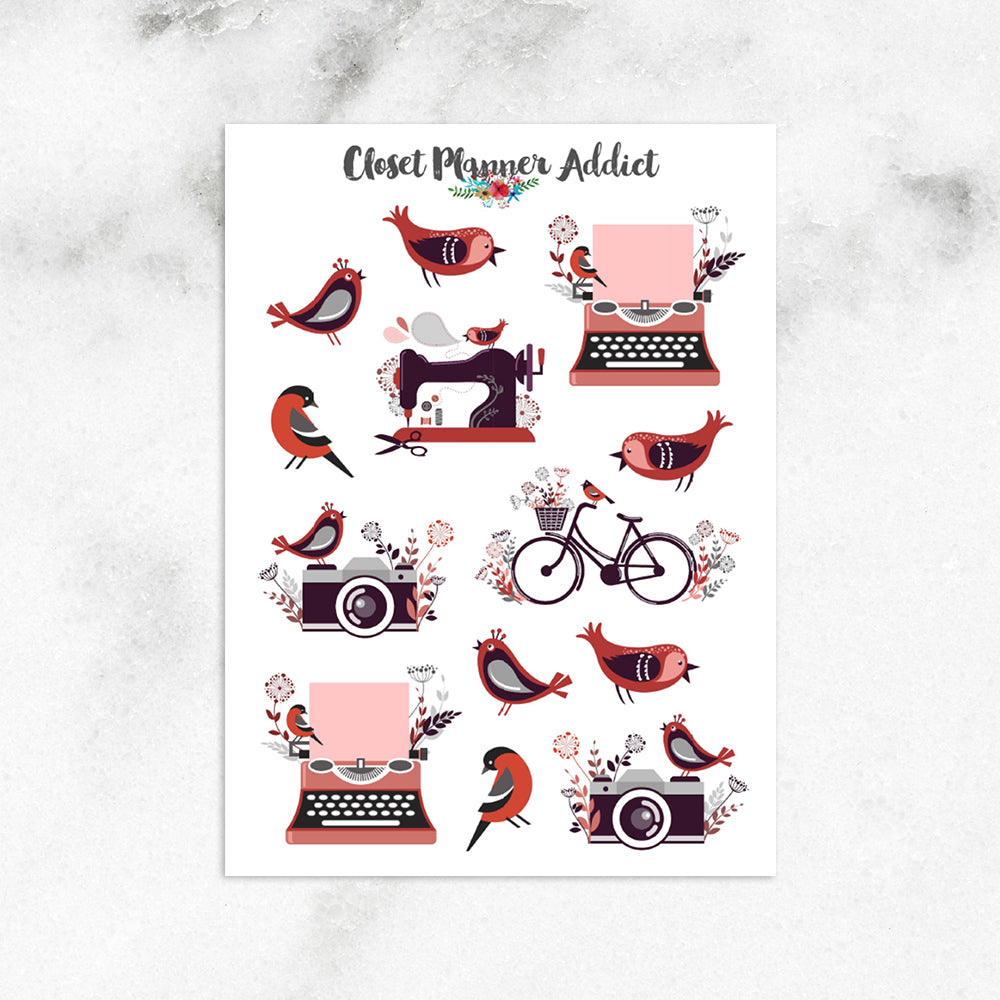 Cute Typewriters and Birds Planner Stickers (S-573)