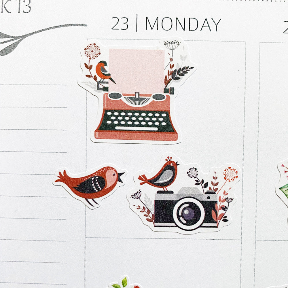 Cute Typewriters and Birds Planner Stickers by Closet Planner Addict (S-573)