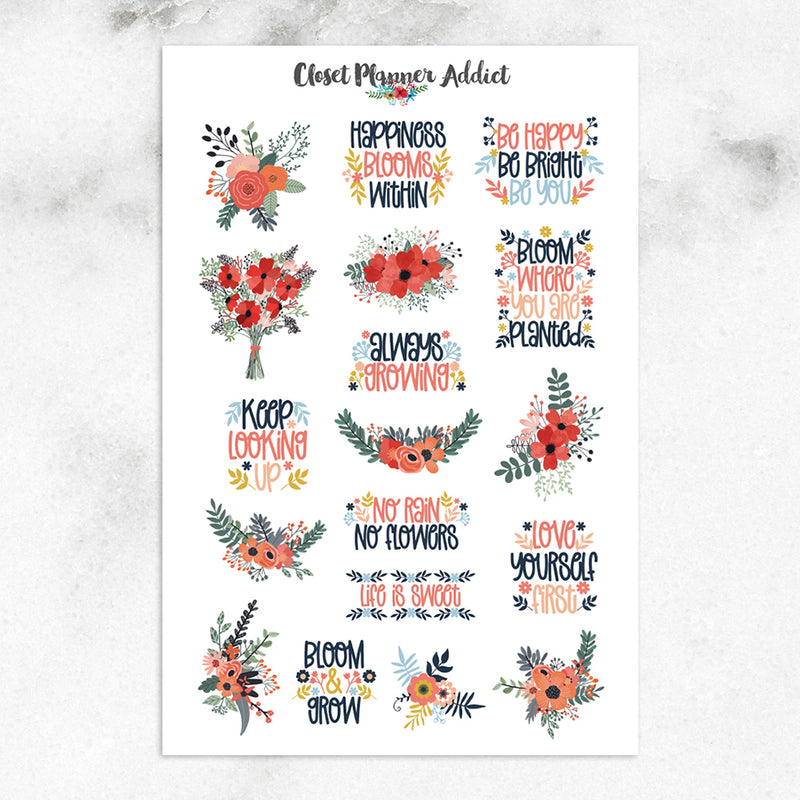 Floral Quotes and Colourful Flowers Planner Stickers (S-618)