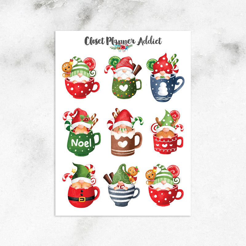 Cute Christmas Gnomes in Mugs Planner Stickers (S-653)
