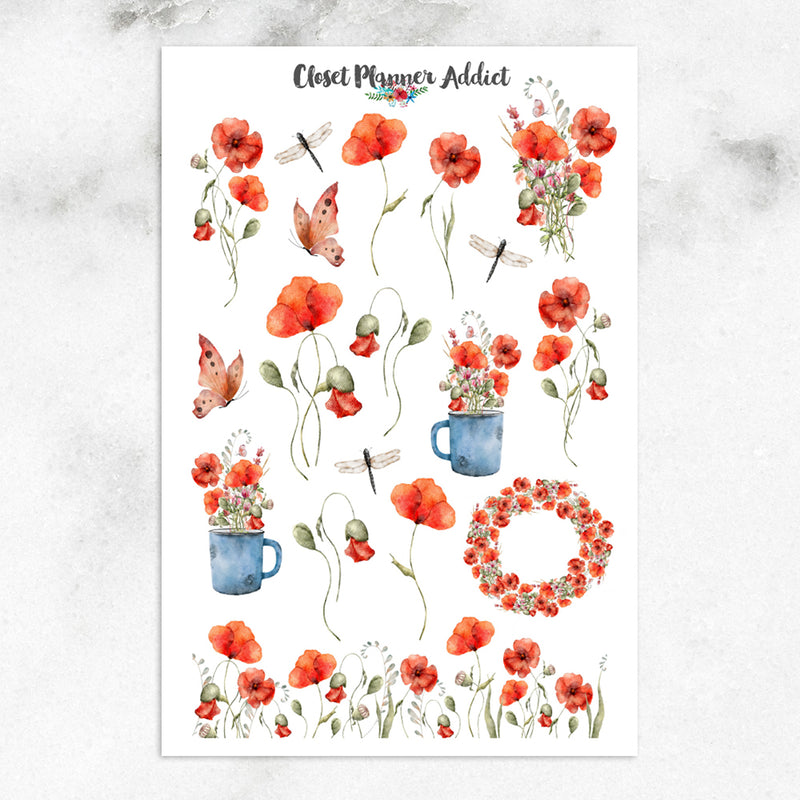 Watercolour Poppies Planner Stickers (S-669)