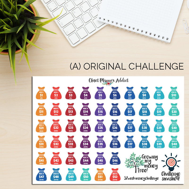 52 Week Money Challenge Planner Stickers | Reverse Money Challenge Version (S-196)