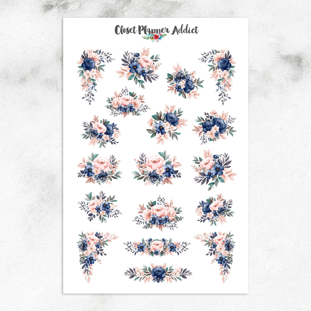 Blue and Pink Watercolour Floral Planner Stickers (MGB-JUNE22)